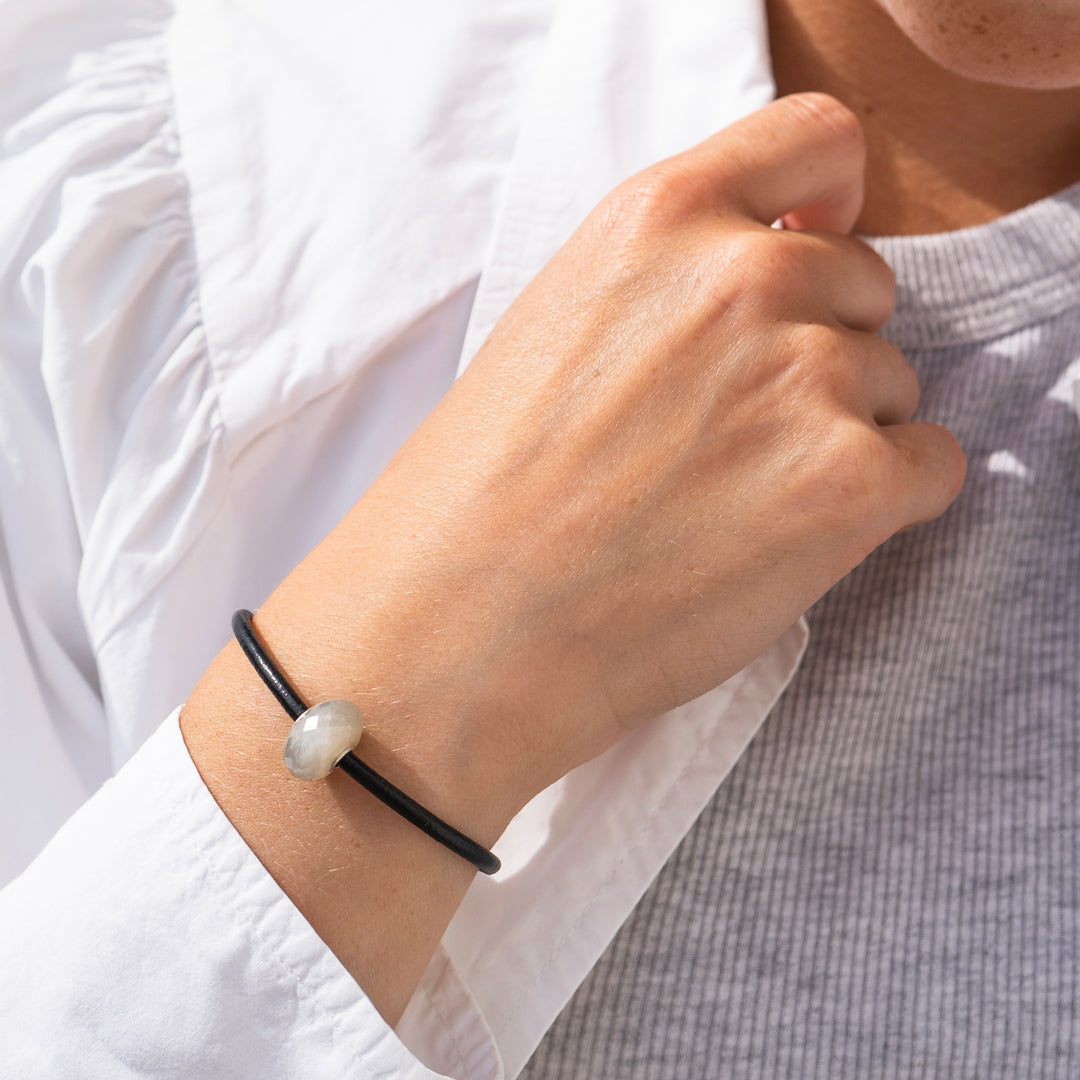 Grey Moonstone Leather Bracelet