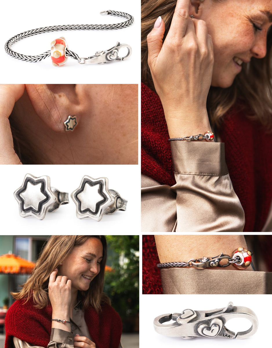 Collage of images of a model wearing different beads, bracelets and earrings