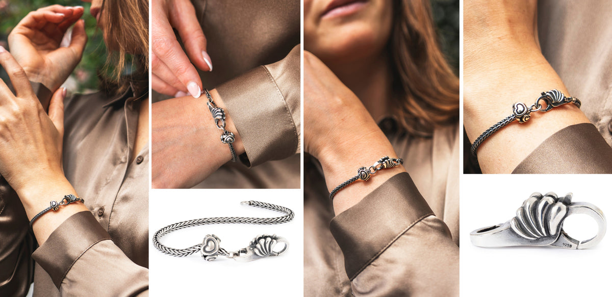 A collage showing a silver bracelet worn on multiple wrists, with close-up views of the bracelet and a separate flat view of the clasp/bead detail. The model wears a satin brown blouse, and the background includes blurred outdoor greenery and a plain light backdrop.